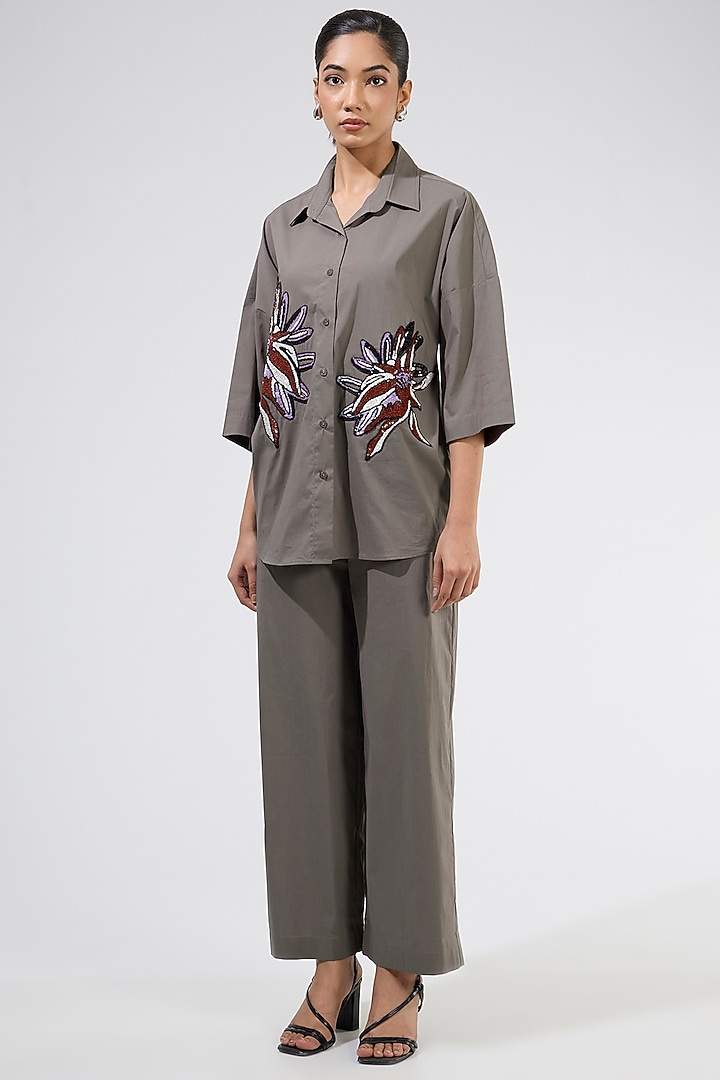 Taupe Cotton Embellished Co-Ord Set by Kanika Goyal at Pernia's Pop Up Shop