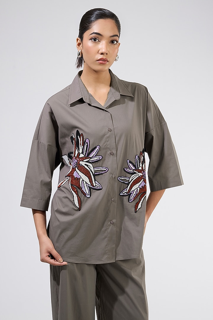 Taupe Cotton Embellished Co-Ord Set by Kanika Goyal at Pernia's Pop Up Shop
