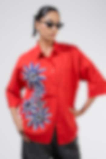 Red Cotton Embellished Shirt by Kanika Goyal at Pernia's Pop Up Shop