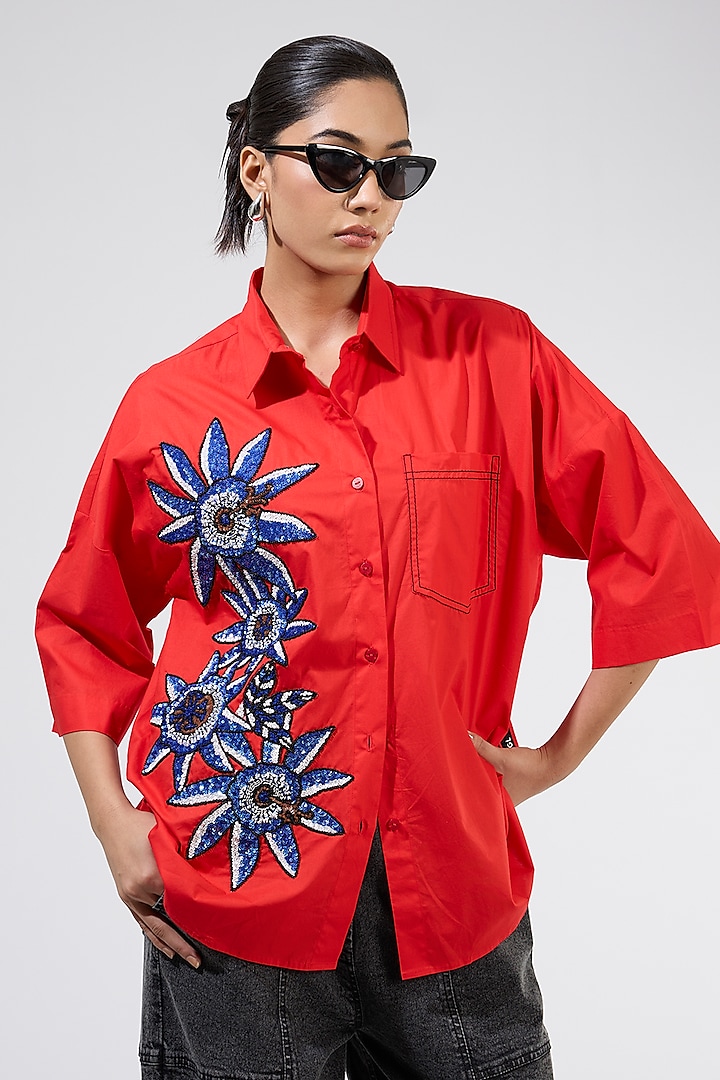 Red Cotton Embellished Shirt by Kanika Goyal at Pernia's Pop Up Shop