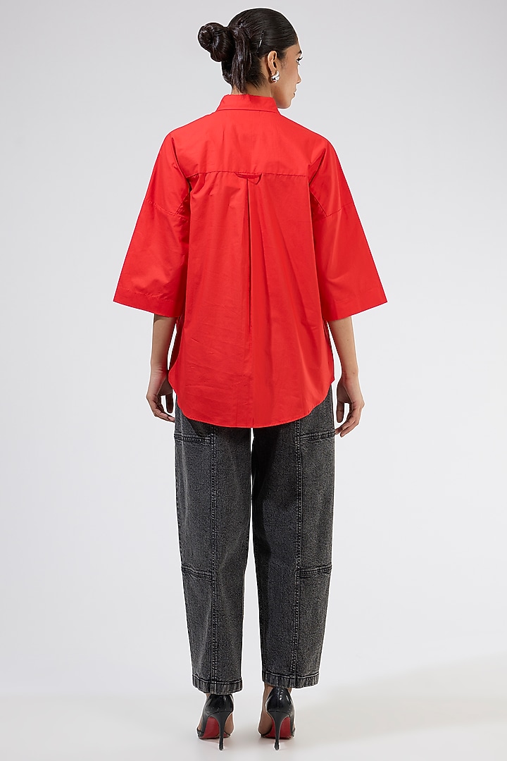 Red Cotton Embellished Shirt by Kanika Goyal at Pernia's Pop Up Shop