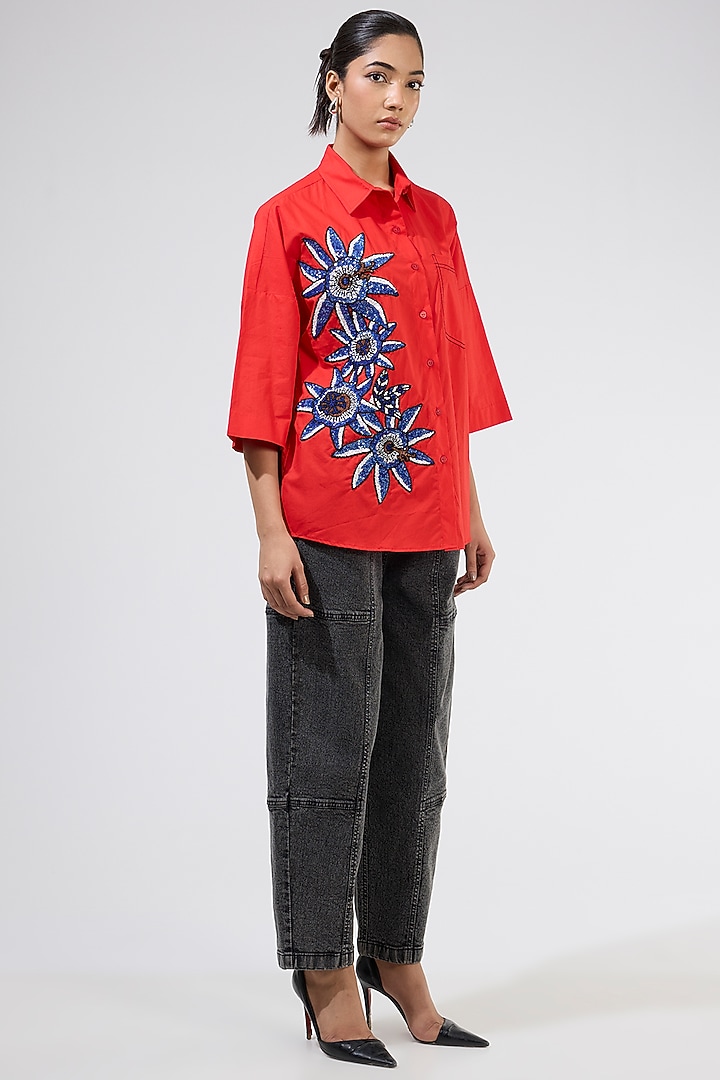 Red Cotton Embellished Shirt by Kanika Goyal at Pernia's Pop Up Shop