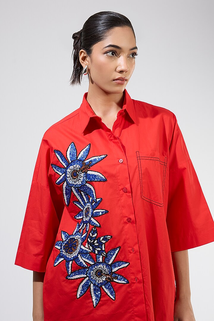 Red Cotton Embellished Shirt by Kanika Goyal at Pernia's Pop Up Shop