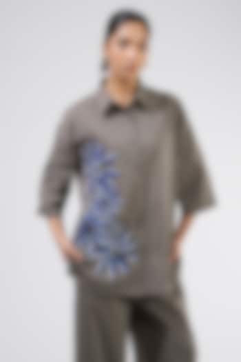 Taupe Cotton Embellished Shirt by Kanika Goyal at Pernia's Pop Up Shop
