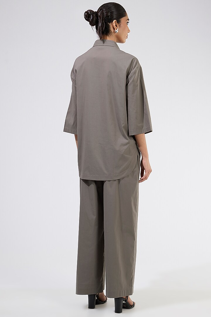 Taupe Cotton Embellished Shirt by Kanika Goyal at Pernia's Pop Up Shop