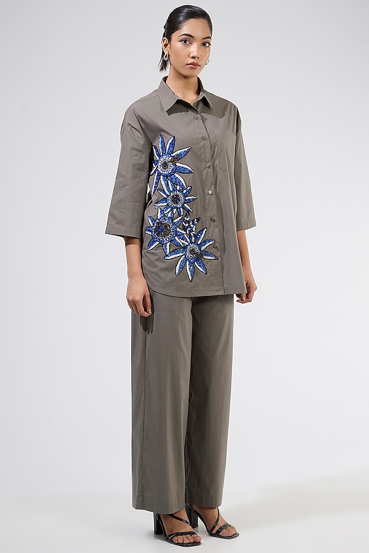 Taupe Cotton Embellished Shirt by Kanika Goyal at Pernia's Pop Up Shop
