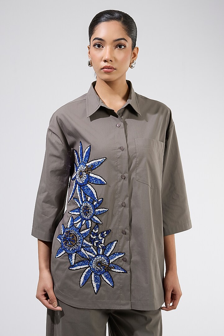 Taupe Cotton Embellished Shirt by Kanika Goyal at Pernia's Pop Up Shop