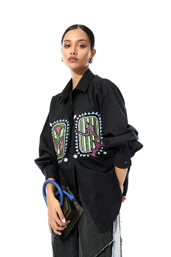 Black Cotton Embellished Shirt by Kanika Goyal at Pernia's Pop Up Shop