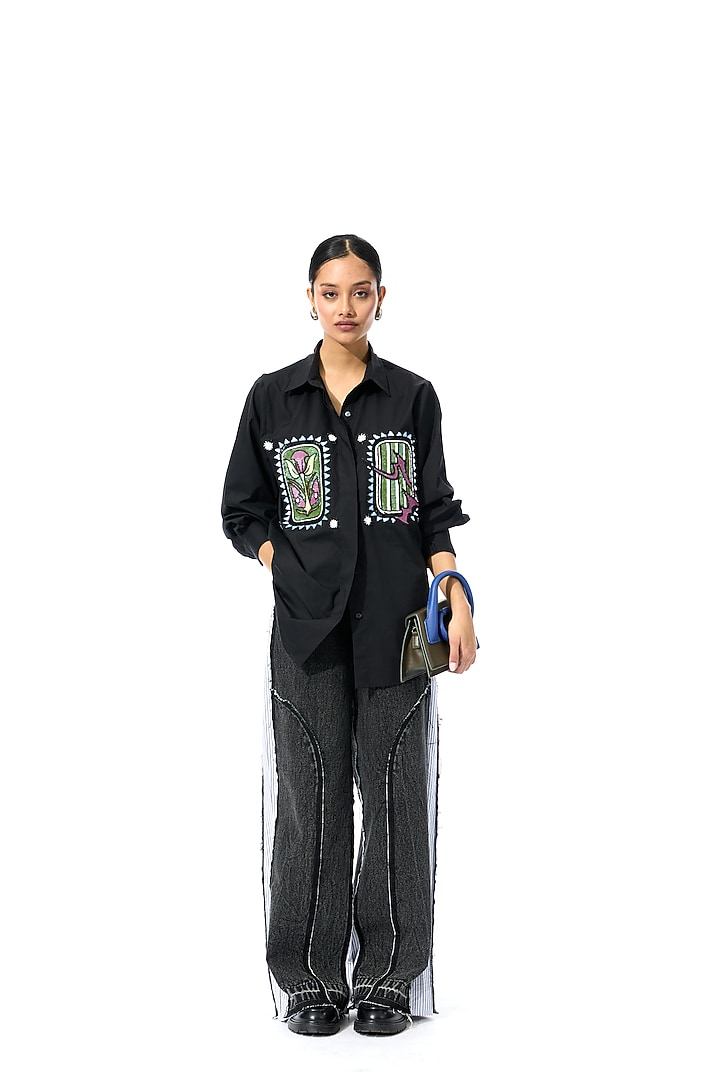 Black Cotton Embellished Shirt by Kanika Goyal at Pernia's Pop Up Shop
