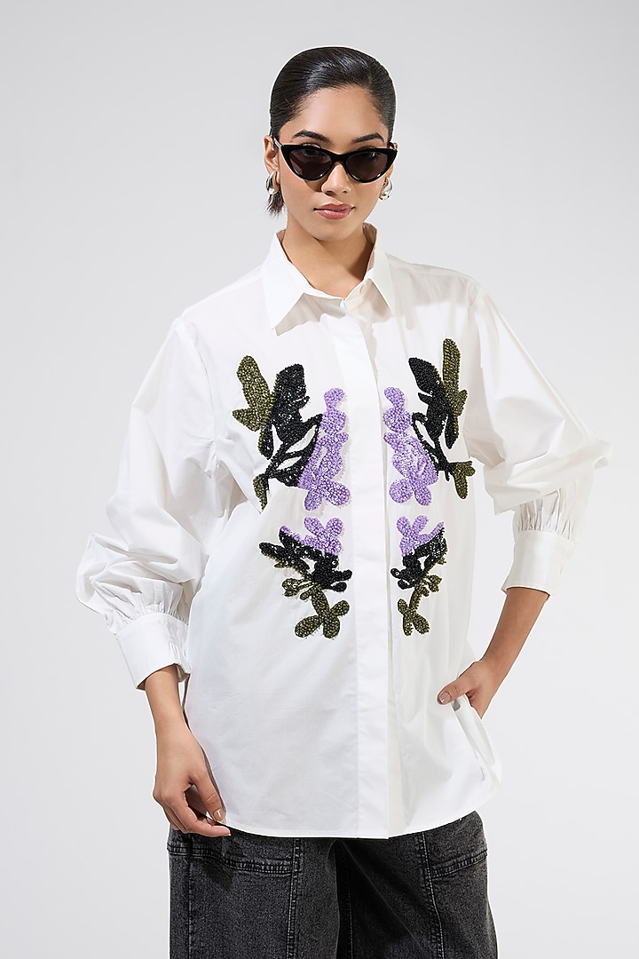 White Cotton Embellished Shirt by Kanika Goyal at Pernia's Pop Up Shop