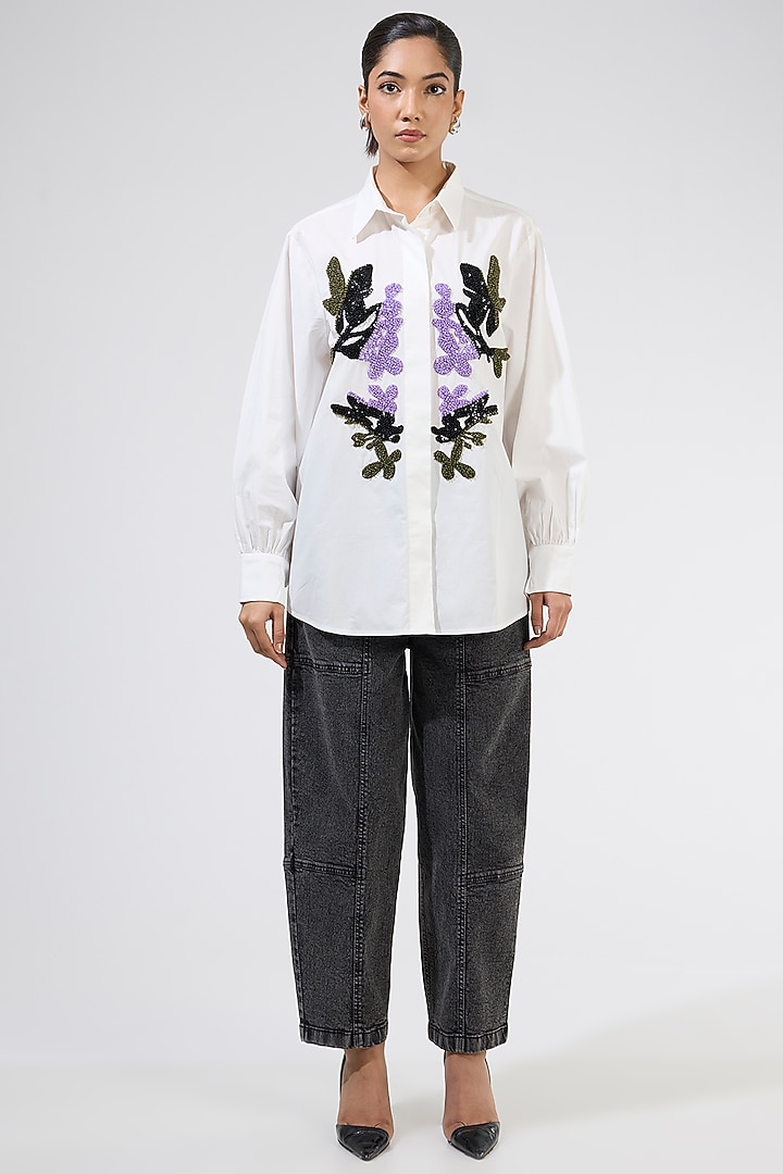 White Cotton Embellished Shirt by Kanika Goyal at Pernia's Pop Up Shop