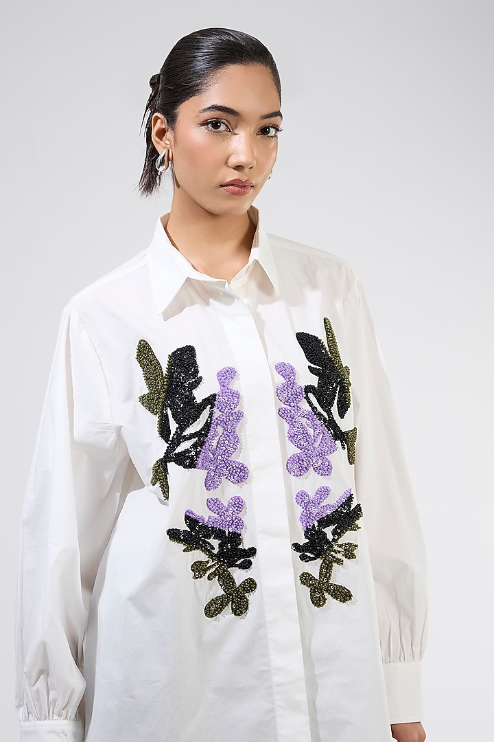 White Cotton Embellished Shirt by Kanika Goyal at Pernia's Pop Up Shop