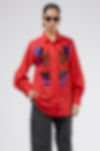 Red Cotton Embellished Shirt by Kanika Goyal at Pernia's Pop Up Shop