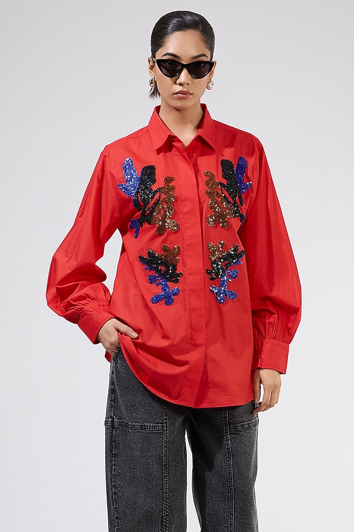 Red Cotton Embellished Shirt by Kanika Goyal at Pernia's Pop Up Shop