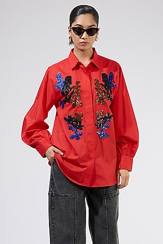 Red Cotton Embellished Shirt by Kanika Goyal