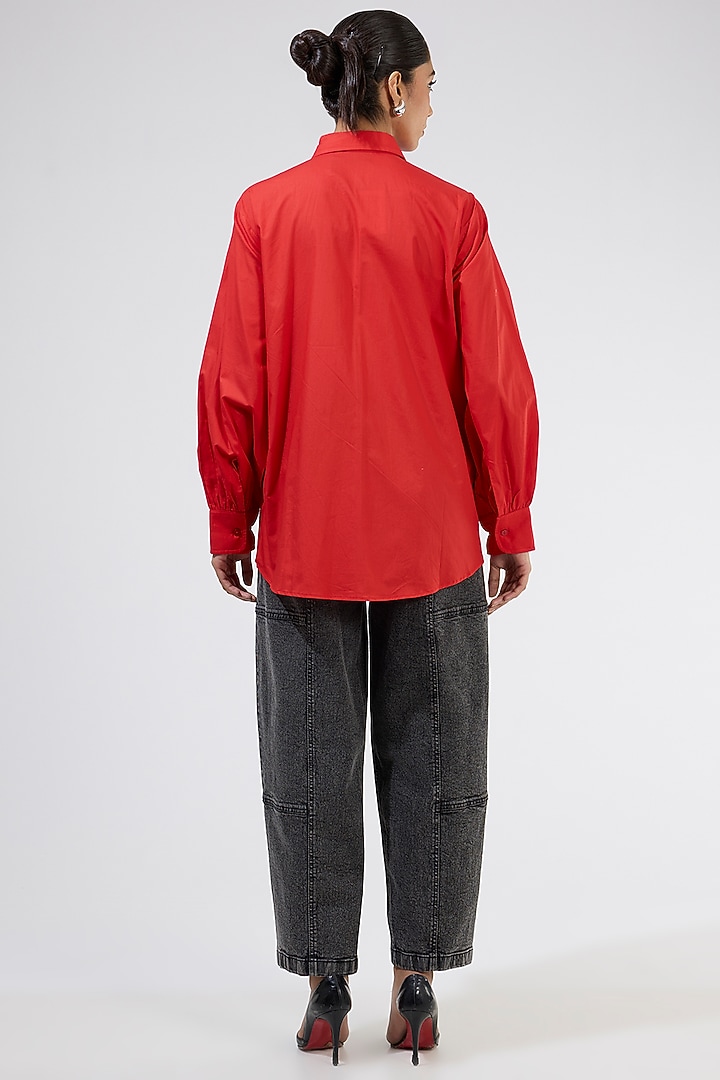 Red Cotton Embellished Shirt by Kanika Goyal at Pernia's Pop Up Shop