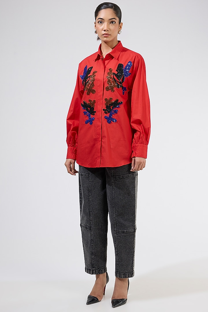 Red Cotton Embellished Shirt by Kanika Goyal at Pernia's Pop Up Shop