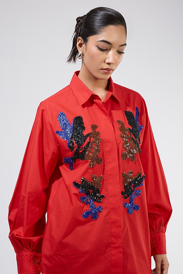 Red Cotton Embellished Shirt by Kanika Goyal at Pernia's Pop Up Shop