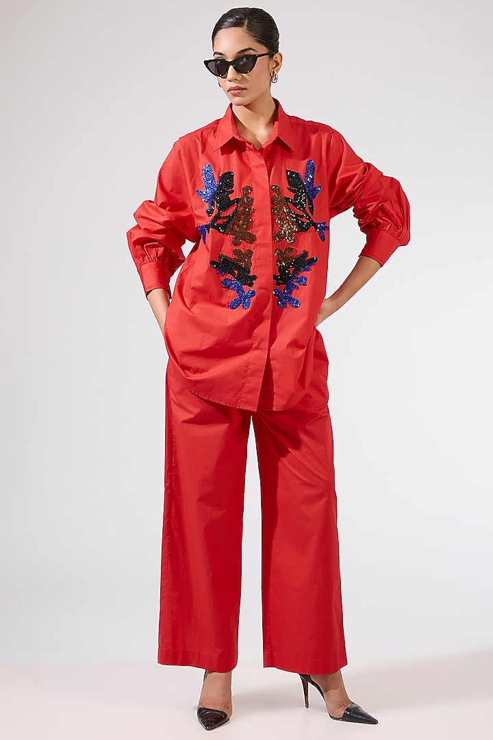 Red Cotton Embellished Co-Ord Set by Kanika Goyal at Pernia's Pop Up Shop