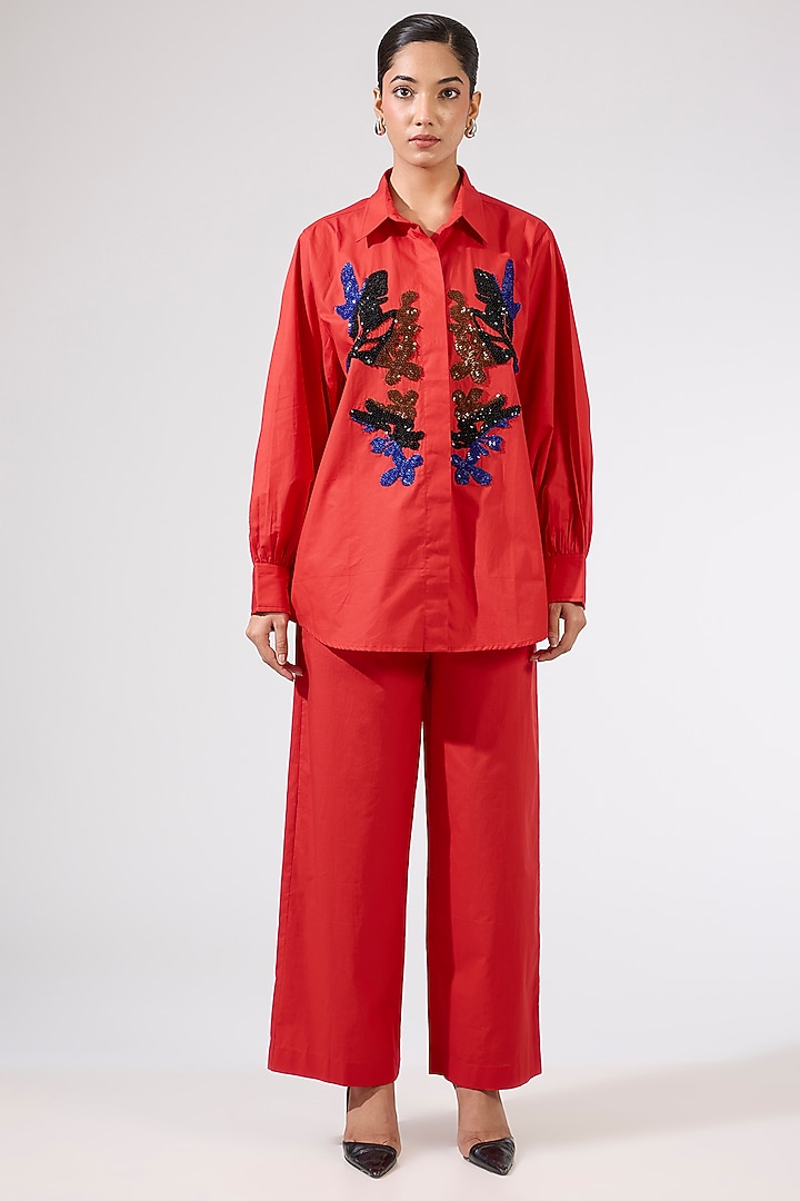Red Cotton Embellished Co-Ord Set by Kanika Goyal at Pernia's Pop Up Shop
