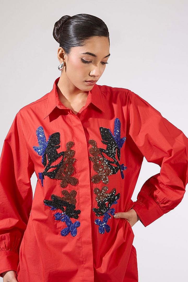 Red Cotton Embellished Co-Ord Set by Kanika Goyal at Pernia's Pop Up Shop