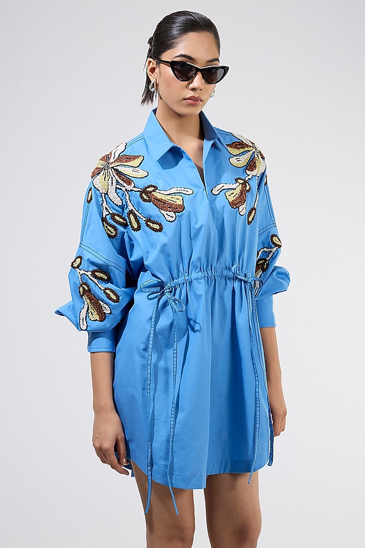 Blue Cotton Embellished Ruched Vacation Dress by Kanika Goyal at Pernia's Pop Up Shop