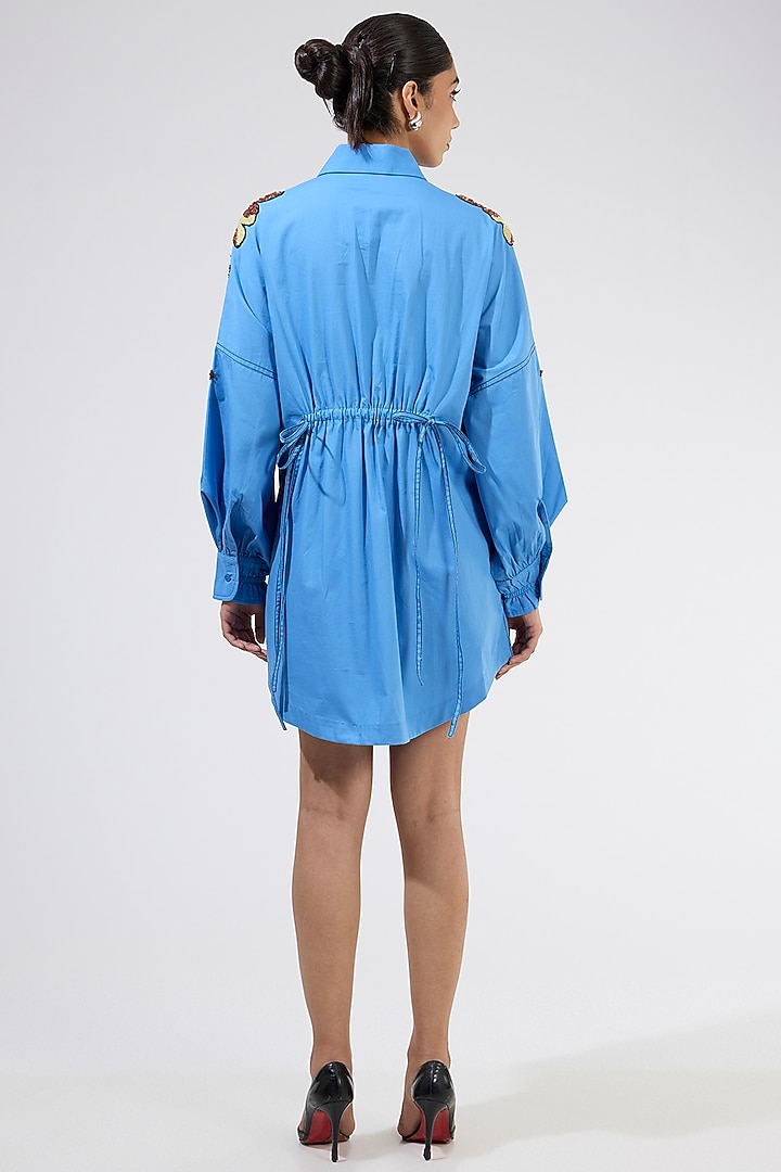 Blue Cotton Embellished Ruched Vacation Dress by Kanika Goyal at Pernia's Pop Up Shop