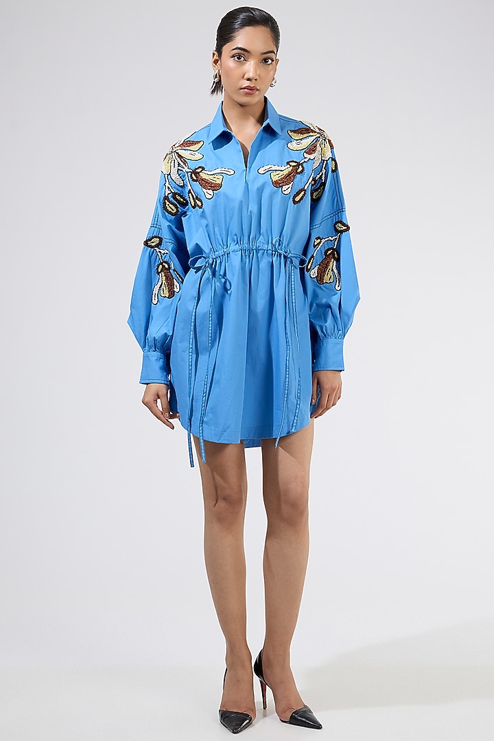 Blue Cotton Embellished Ruched Vacation Dress by Kanika Goyal at Pernia's Pop Up Shop