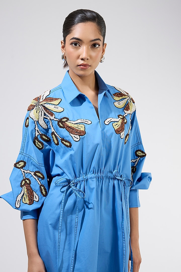 Blue Cotton Embellished Ruched Vacation Dress by Kanika Goyal at Pernia's Pop Up Shop