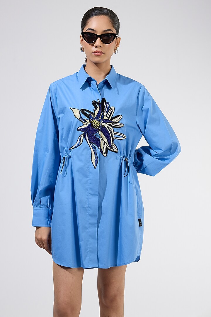 Blue Cotton Embellished Ruched Vacation Dress by Kanika Goyal at Pernia's Pop Up Shop