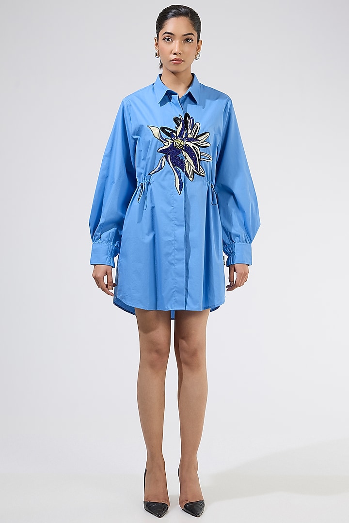Blue Cotton Embellished Ruched Vacation Dress by Kanika Goyal at Pernia's Pop Up Shop