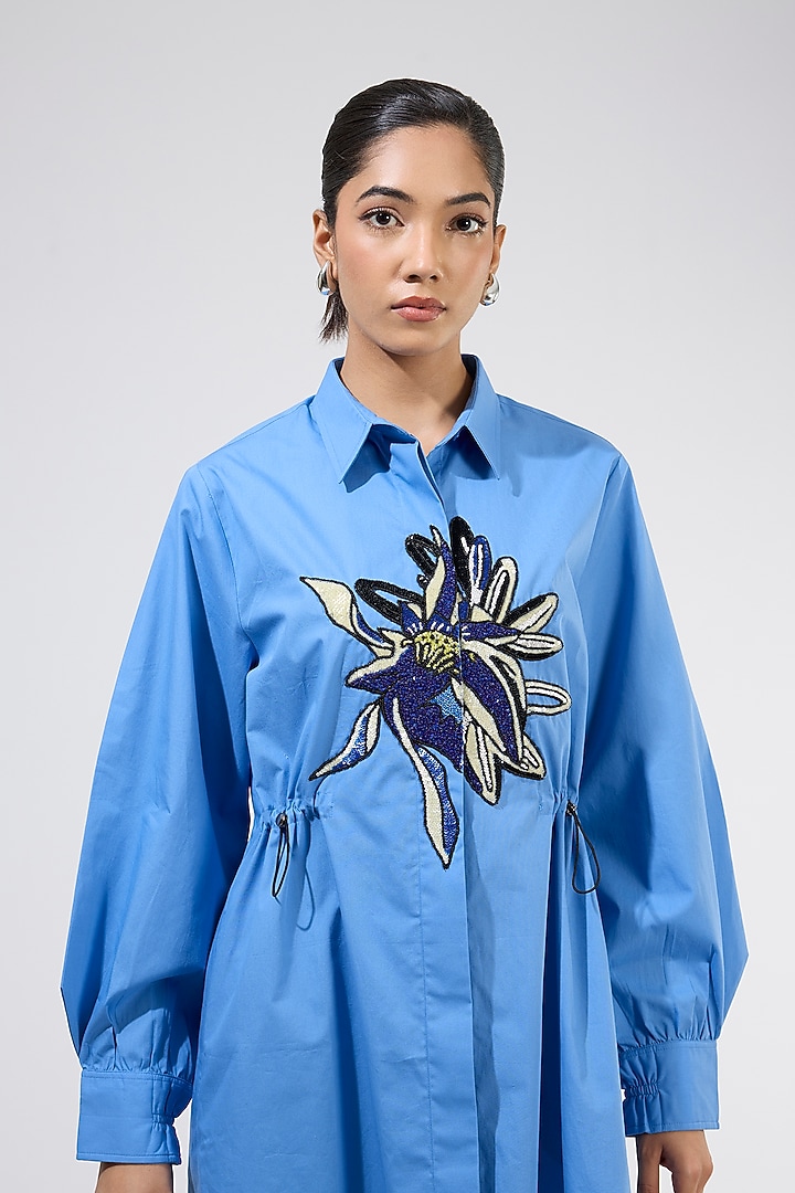 Blue Cotton Embellished Ruched Vacation Dress by Kanika Goyal at Pernia's Pop Up Shop