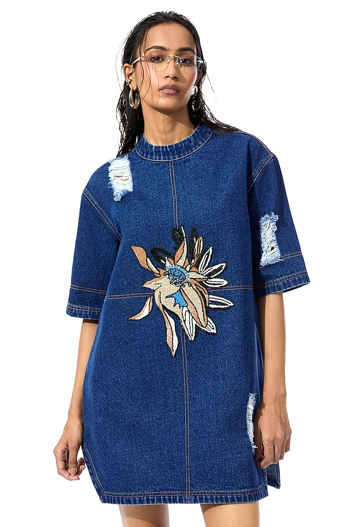 Dark Blue Cotton Denim Mini Vacation Dress by Kanika Goyal at Pernia's Pop Up Shop