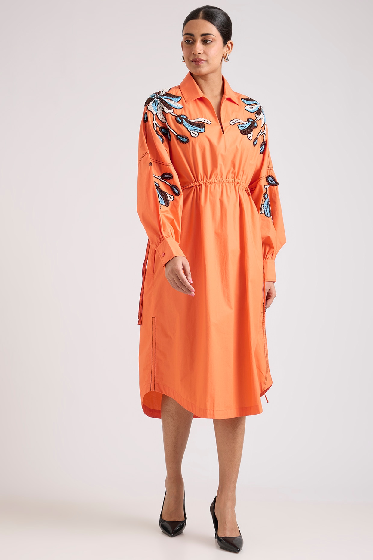 Kanika Goyal Orange Cotton Embellished Midi Dress