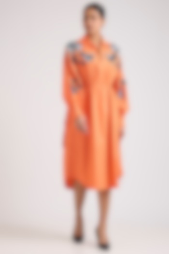 Orange Cotton Embellished Midi Vacation Dress by Kanika Goyal at Pernia's Pop Up Shop
