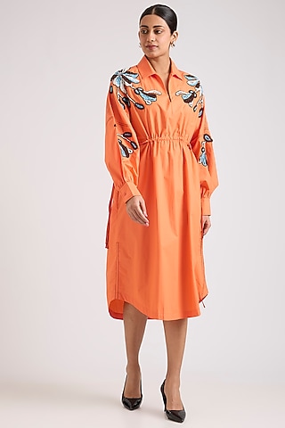 Orange Cotton Embellished Midi Dress by Kanika Goyal