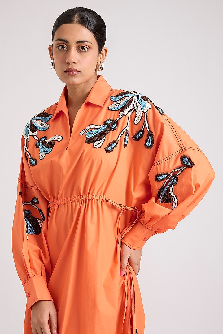 Orange Cotton Embellished Midi Vacation Dress by Kanika Goyal at Pernia's Pop Up Shop