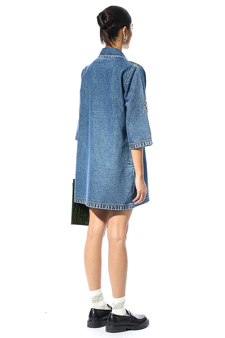 Blue Cotton Embellished Denim Mini Cocktail Dress by Kanika Goyal at Pernia's Pop Up Shop