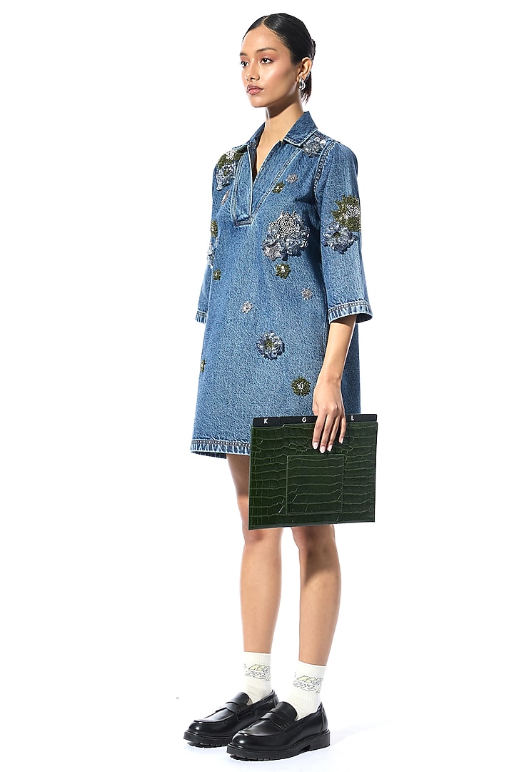 Blue Cotton Embellished Denim Mini Cocktail Dress by Kanika Goyal at Pernia's Pop Up Shop