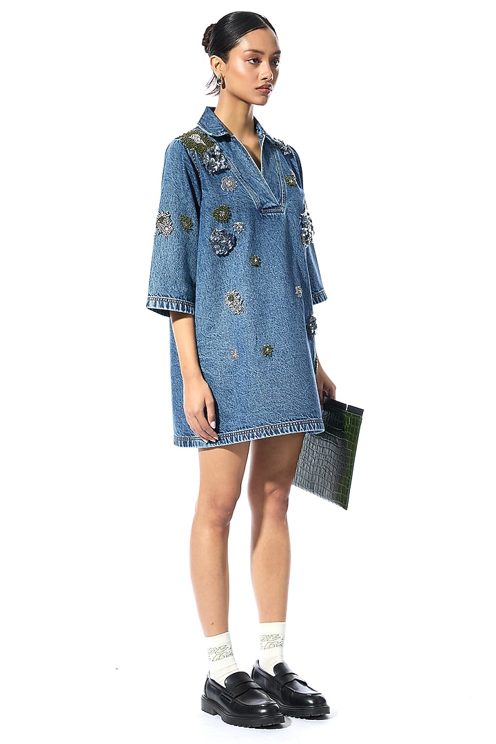Blue Cotton Embellished Denim Mini Cocktail Dress by Kanika Goyal at Pernia's Pop Up Shop