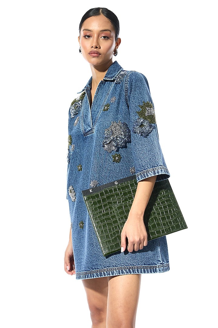 Blue Cotton Embellished Denim Mini Cocktail Dress by Kanika Goyal at Pernia's Pop Up Shop