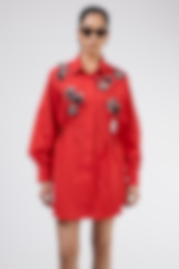 Red Cotton Embellished Ruched Vacation Dress by Kanika Goyal at Pernia's Pop Up Shop