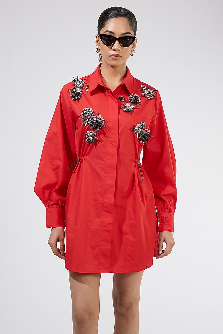 Red Cotton Embellished Ruched Vacation Dress by Kanika Goyal at Pernia's Pop Up Shop