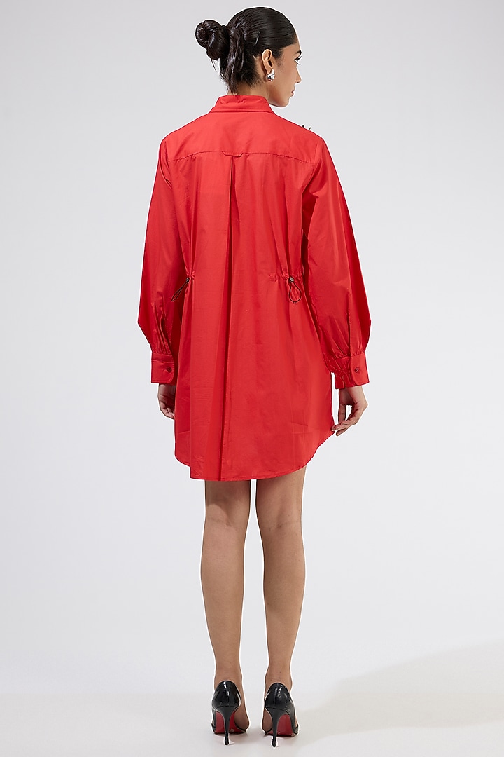 Red Cotton Embellished Ruched Vacation Dress by Kanika Goyal at Pernia's Pop Up Shop
