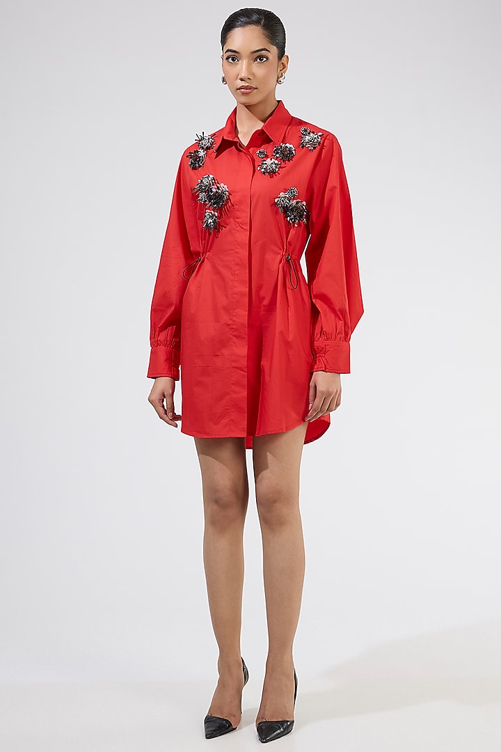 Red Cotton Embellished Ruched Vacation Dress by Kanika Goyal at Pernia's Pop Up Shop