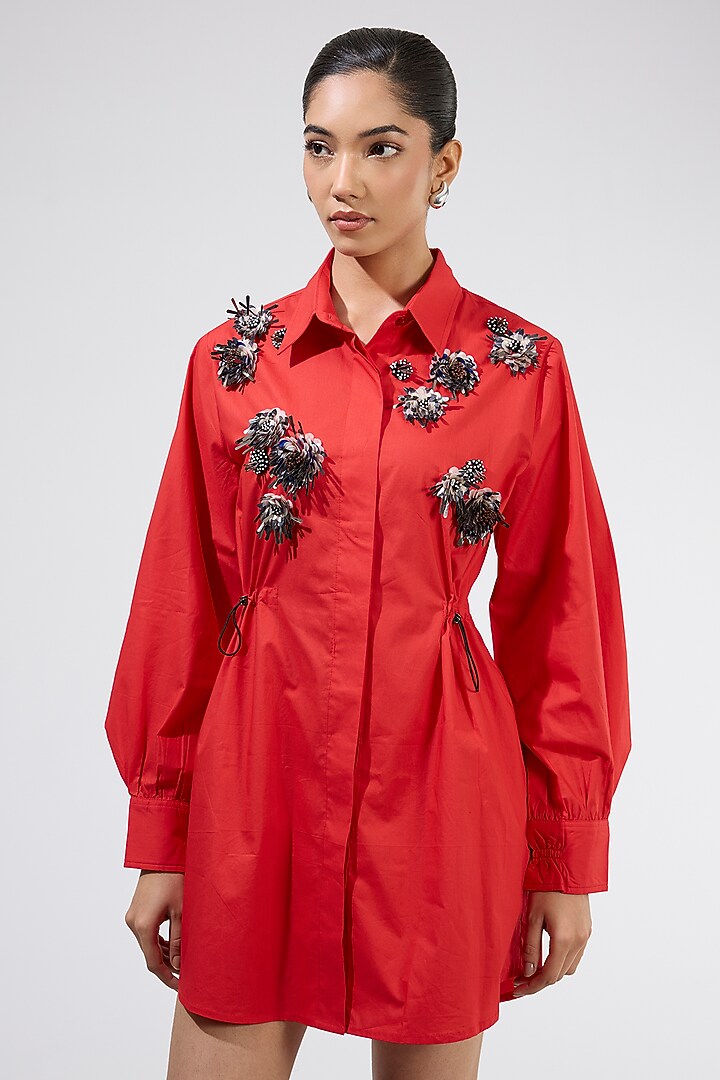 Red Cotton Embellished Ruched Vacation Dress by Kanika Goyal at Pernia's Pop Up Shop