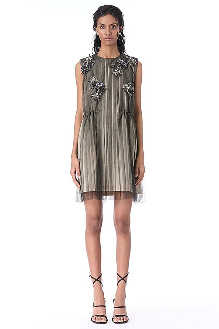 Beige & Black Japanese Crepe Mini Cocktail Dress by Kanika Goyal at Pernia's Pop Up Shop