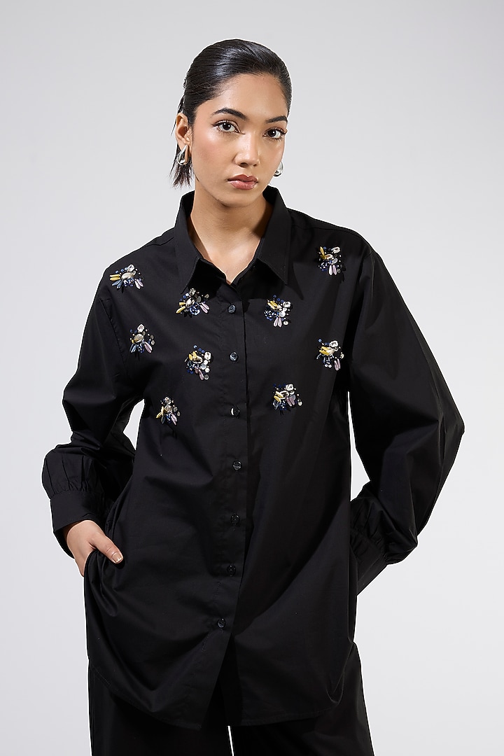 Black Cotton Embellished Co-Ord Set by Kanika Goyal at Pernia's Pop Up Shop