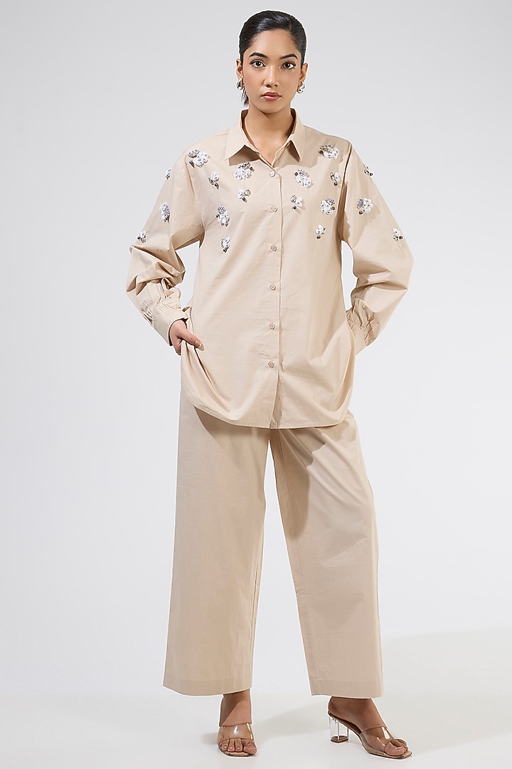 Beige Cotton Embellished Co-Ord  Set by Kanika Goyal at Pernia's Pop Up Shop