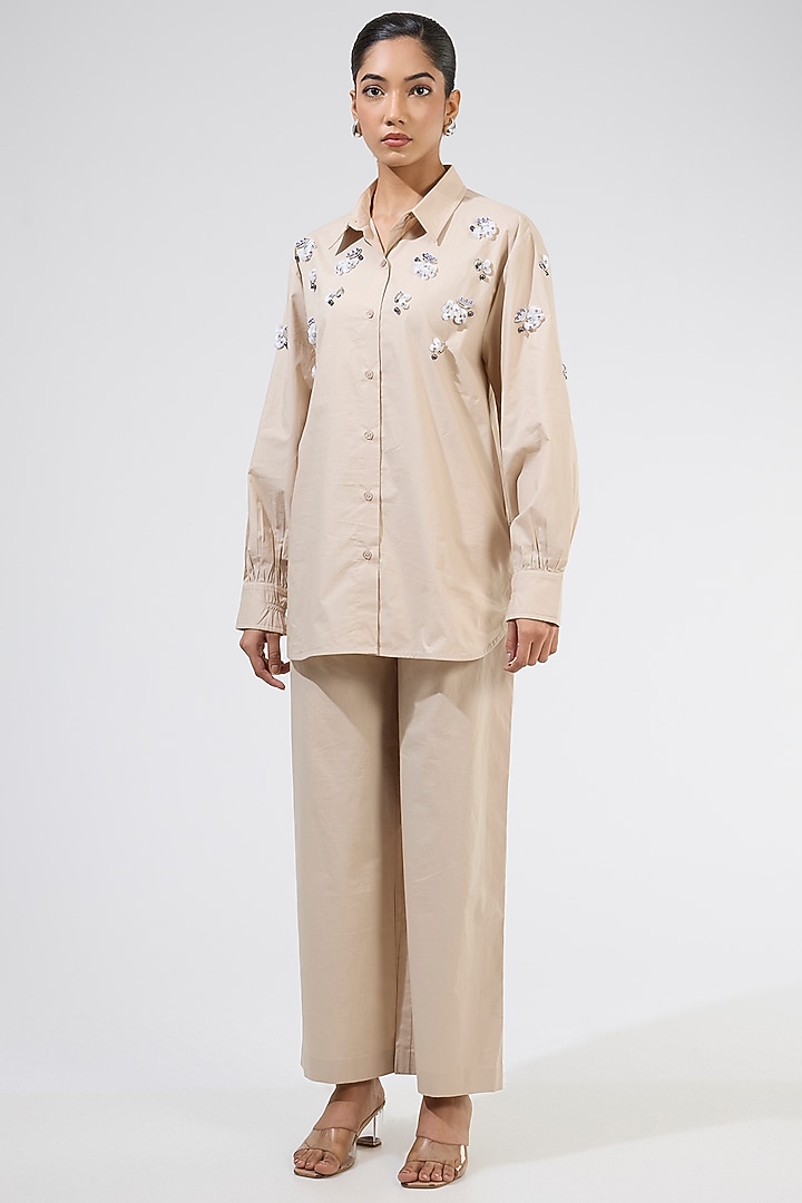 Beige Cotton Embellished Co-Ord Set by Kanika Goyal at Pernia's Pop Up Shop